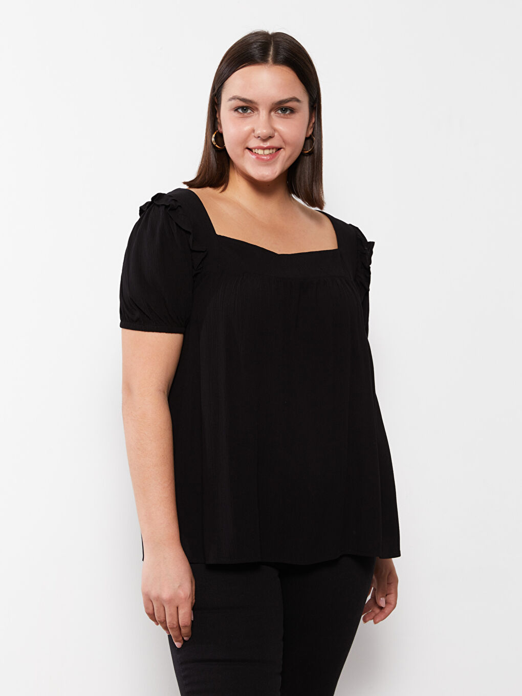 Siyah Büyük Beden Kare Yaka Düz Kısa Kollu Viskon Kadın Bluz-5