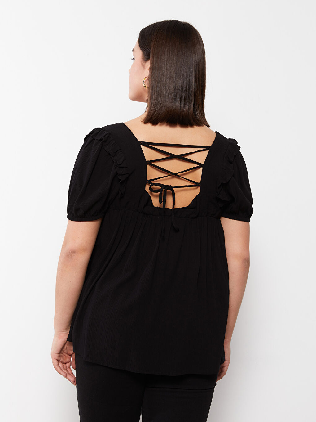 Siyah Büyük Beden Kare Yaka Düz Kısa Kollu Viskon Kadın Bluz-9