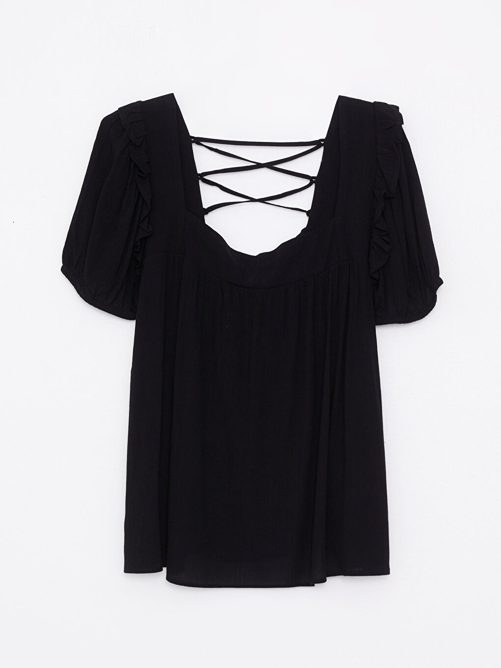 Siyah Büyük Beden Kare Yaka Düz Kısa Kollu Viskon Kadın Bluz-10