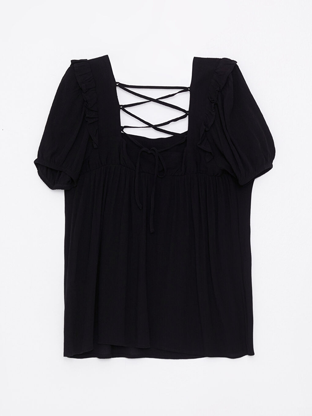 Siyah Büyük Beden Kare Yaka Düz Kısa Kollu Viskon Kadın Bluz-11