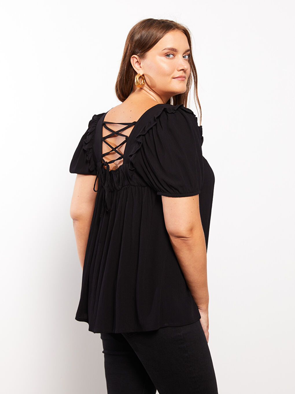 Siyah Büyük Beden Kare Yaka Düz Kısa Kollu Viskon Kadın Bluz