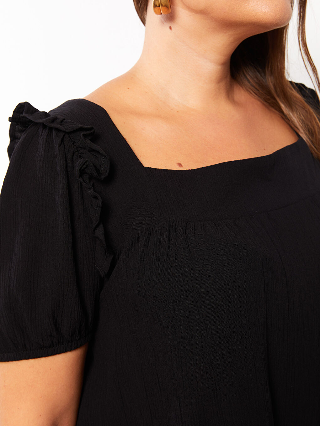 Siyah Büyük Beden Kare Yaka Düz Kısa Kollu Viskon Kadın Bluz-6