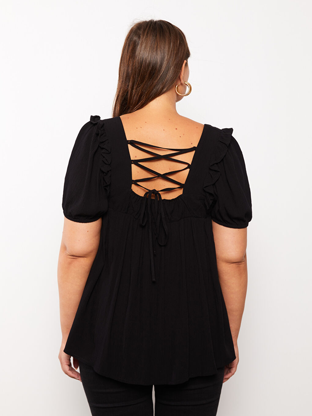 Siyah Büyük Beden Kare Yaka Düz Kısa Kollu Viskon Kadın Bluz-8