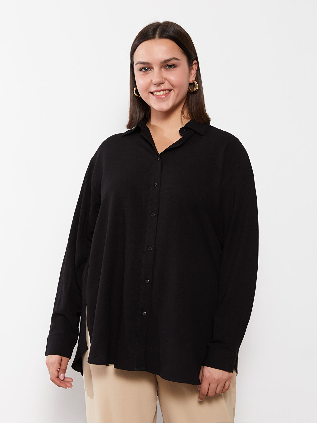 Siyah Büyük Beden Düz Uzun Kollu Kadın Gömlek Tunik-1