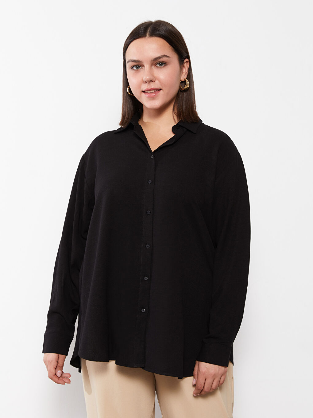 Siyah Büyük Beden Düz Uzun Kollu Kadın Gömlek Tunik-2