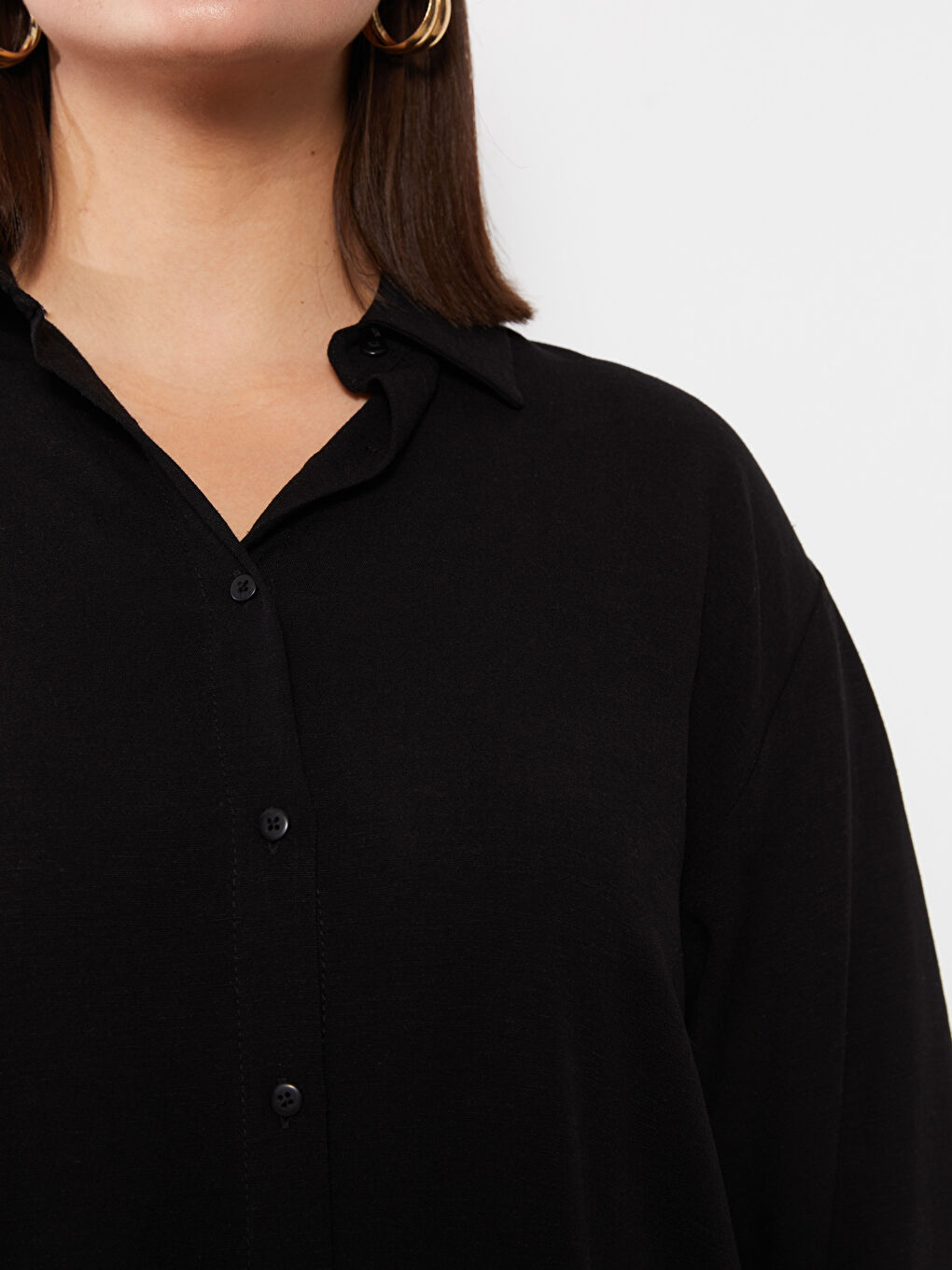 Siyah Büyük Beden Düz Uzun Kollu Kadın Gömlek Tunik-3