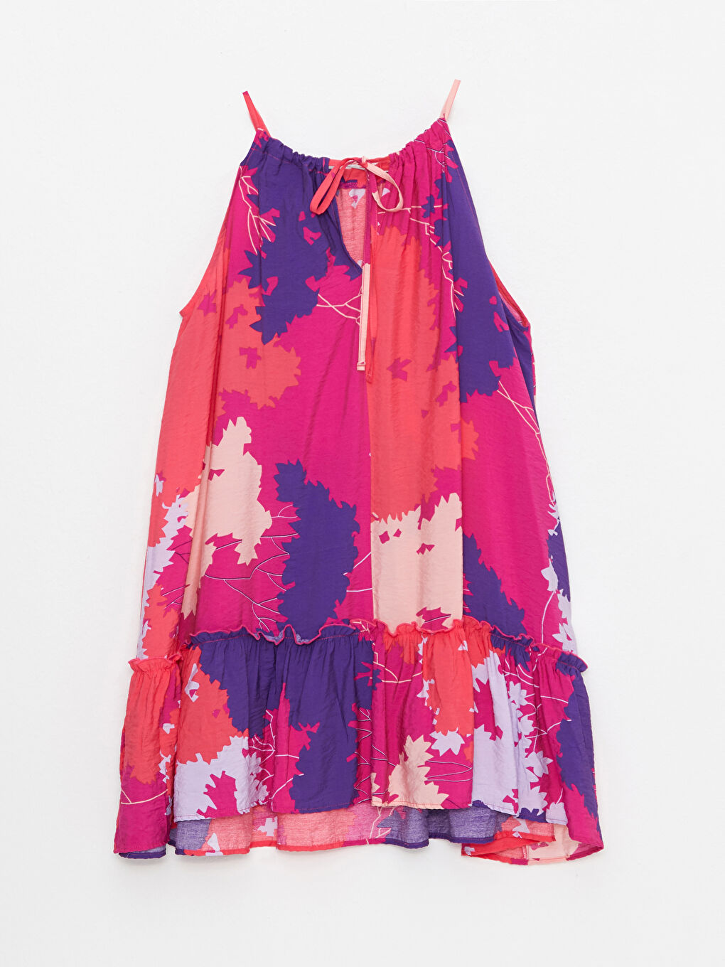 Mor U Yaka Desenli Askılı Poplin Kadın Elbise-6