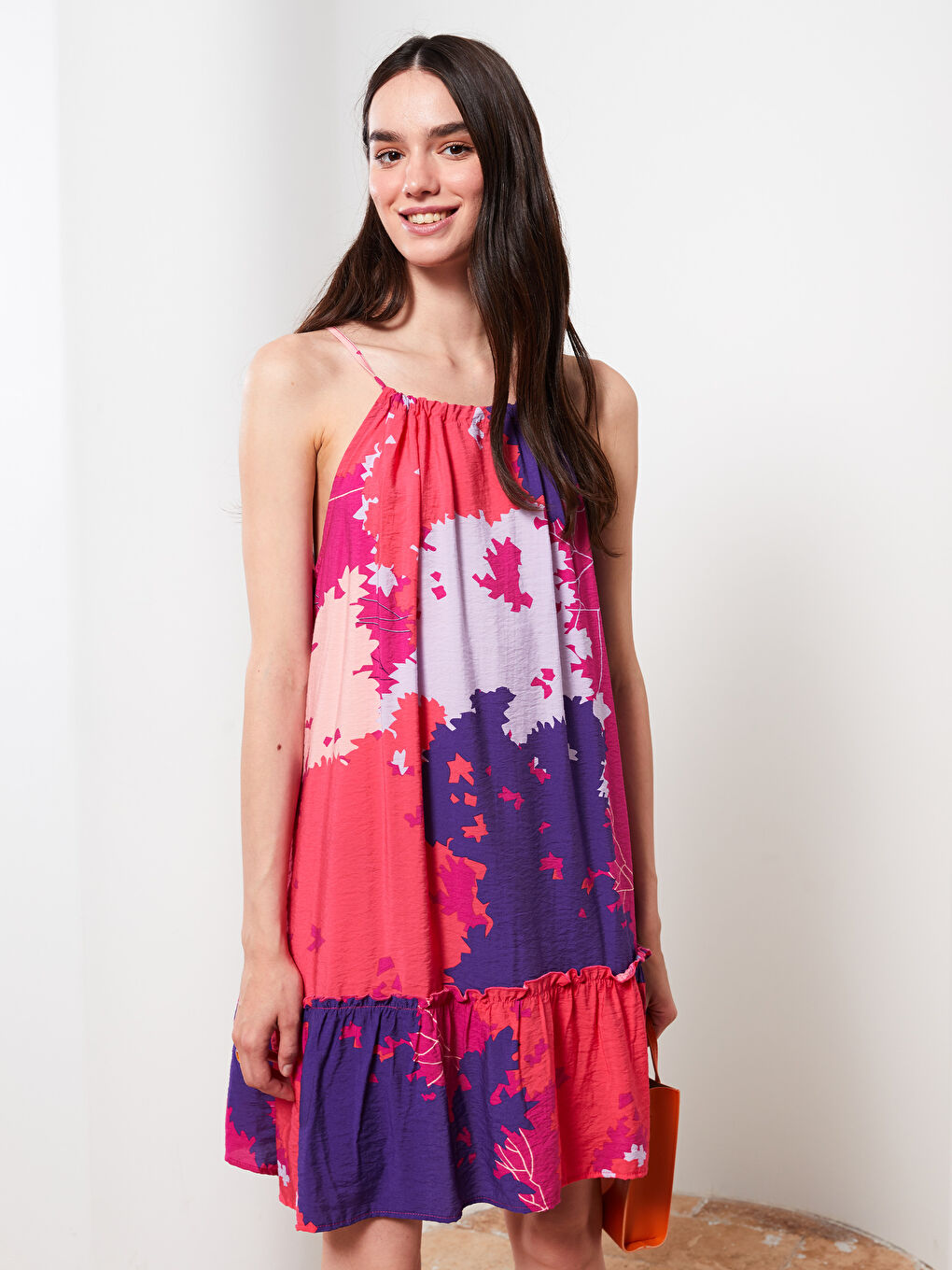 Mor U Yaka Desenli Askılı Poplin Kadın Elbise-1