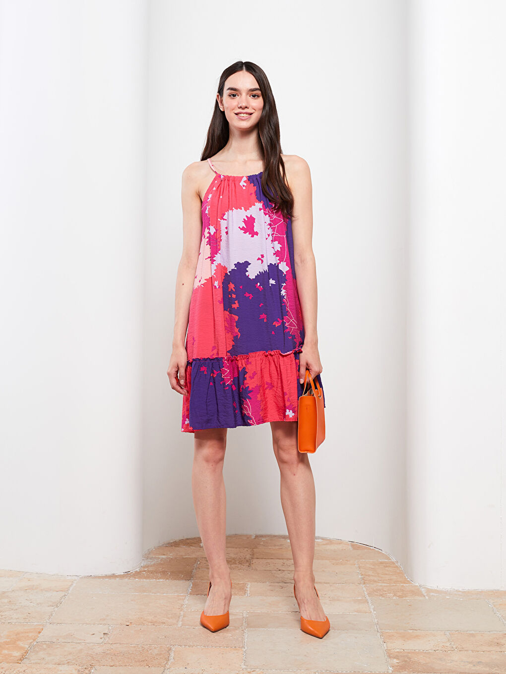 Mor U Yaka Desenli Askılı Poplin Kadın Elbise-2