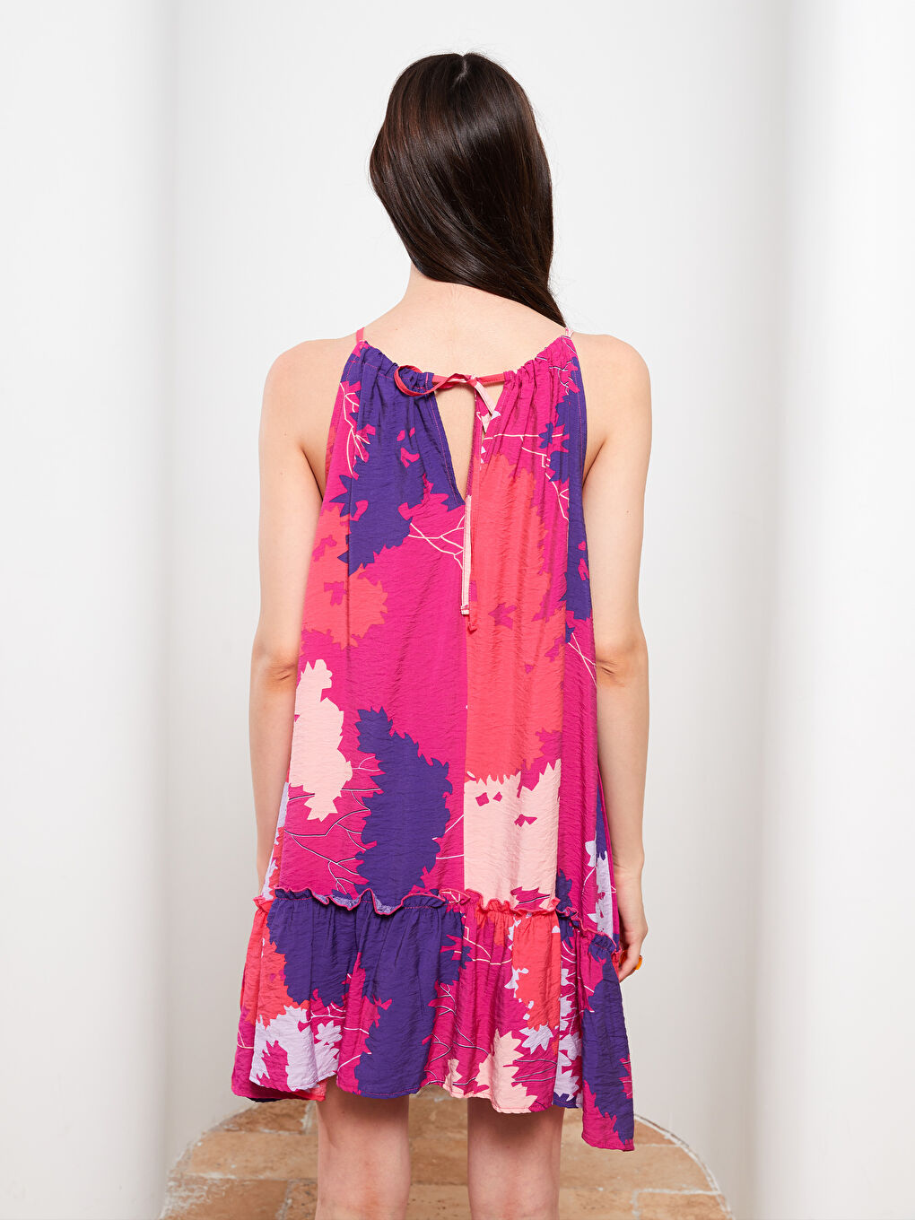 Mor U Yaka Desenli Askılı Poplin Kadın Elbise-4