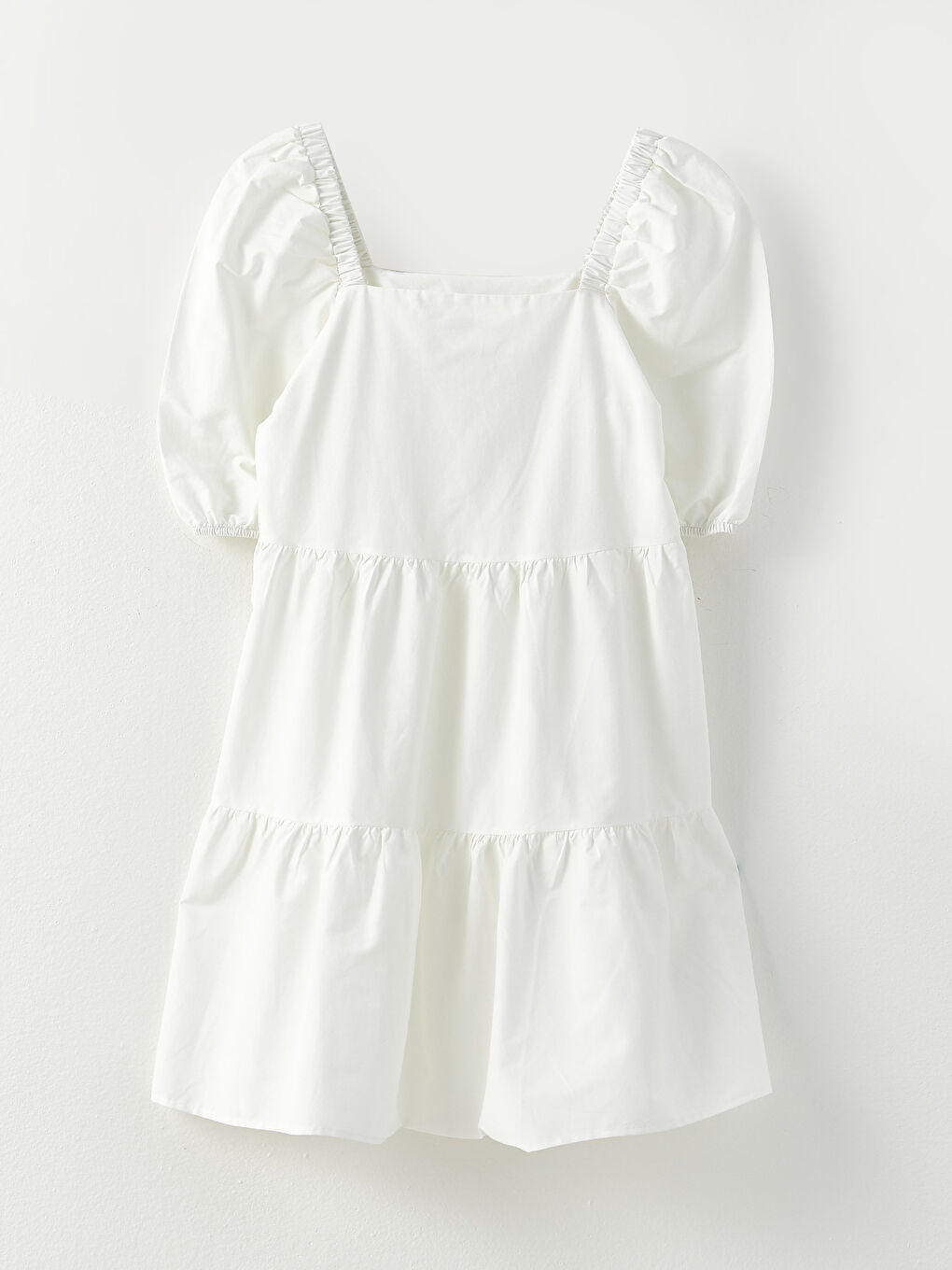 Ekru Kare Yaka Kısa Kollu Düz Poplin Elbise-5