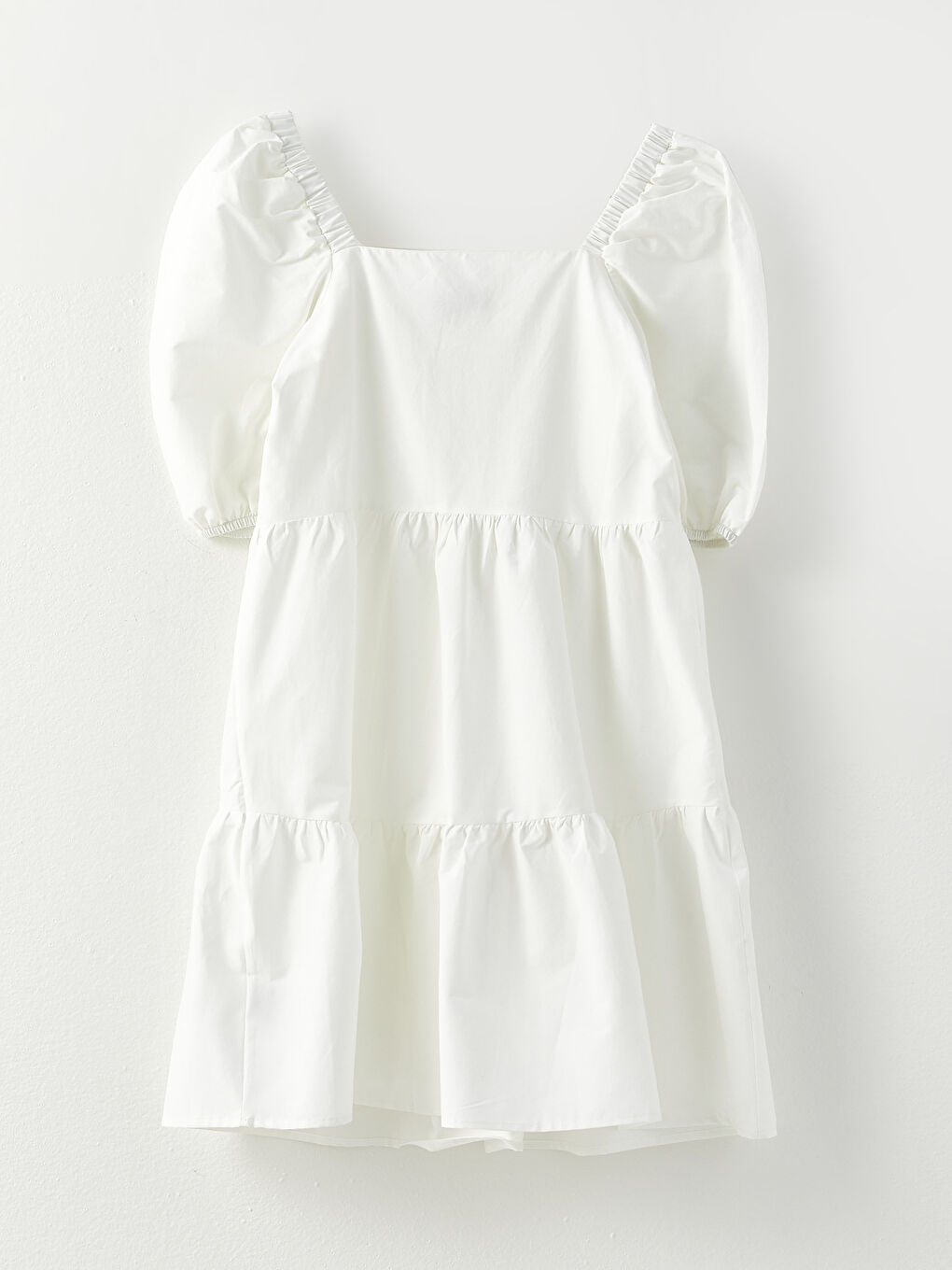 Ekru Kare Yaka Kısa Kollu Düz Poplin Elbise-6