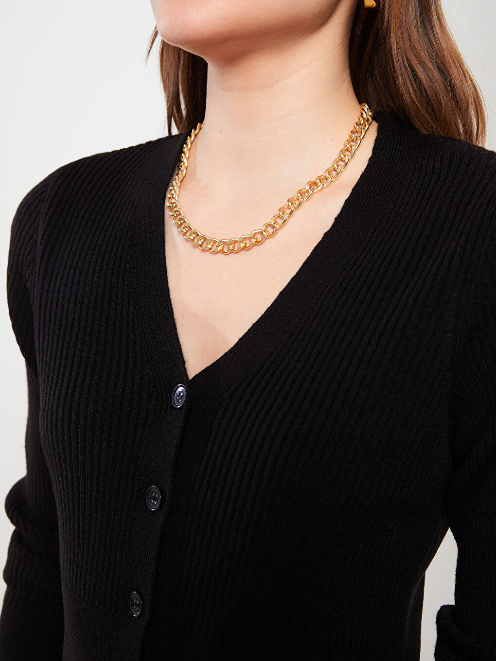 Siyah V Yaka Kadın Triko Hırka-2