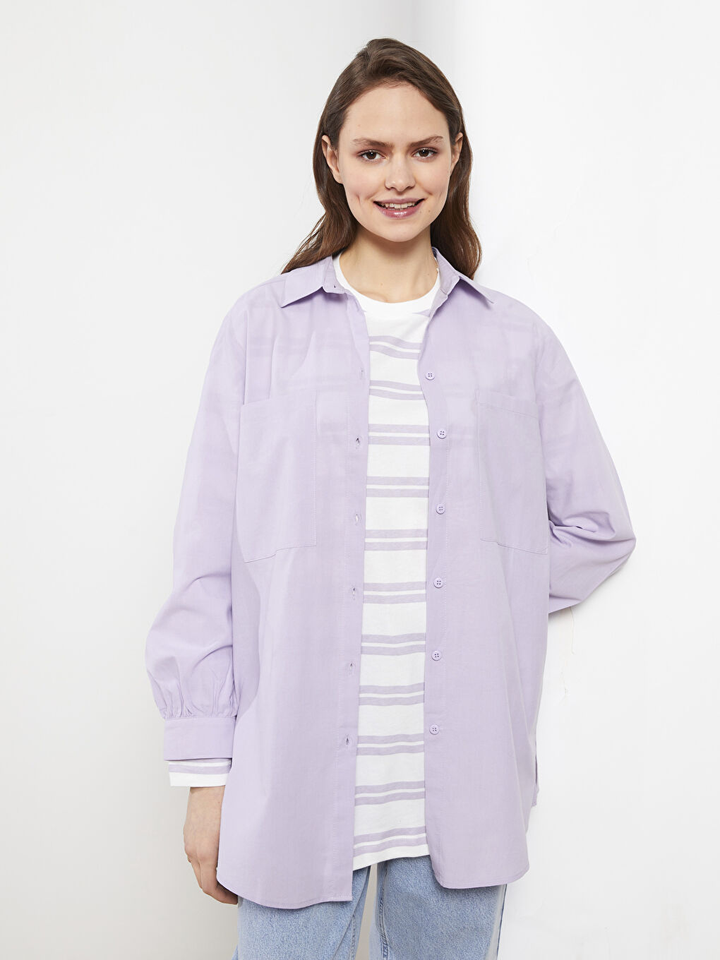 قميص تونيك بوبلين سادة للسيدات-1