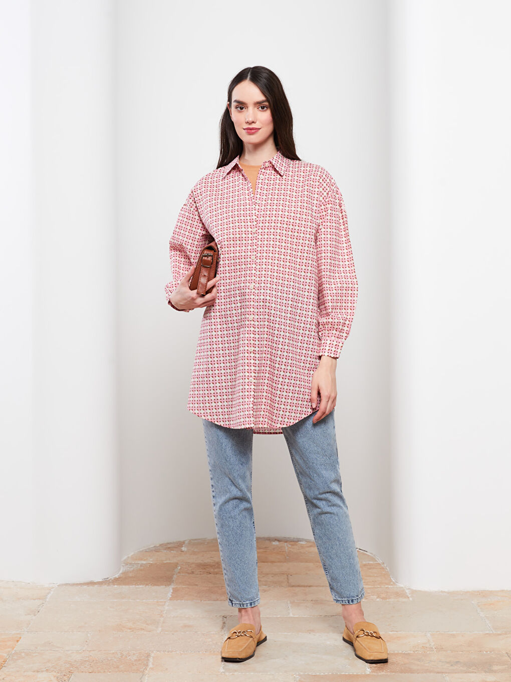 Patterned Long Sleeve Oversize Poplin Women's Shirt Tunic