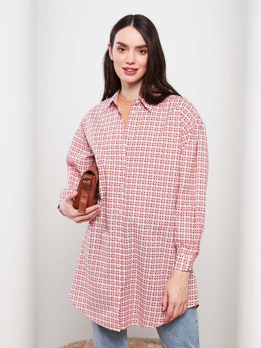 Patterned Long Sleeve Oversize Poplin Women's Shirt Tunic-1