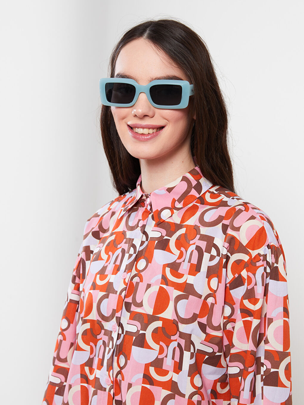 قميص تونيك بوبلين أوفراسايز كم طويل مطبوع للسيدات-2