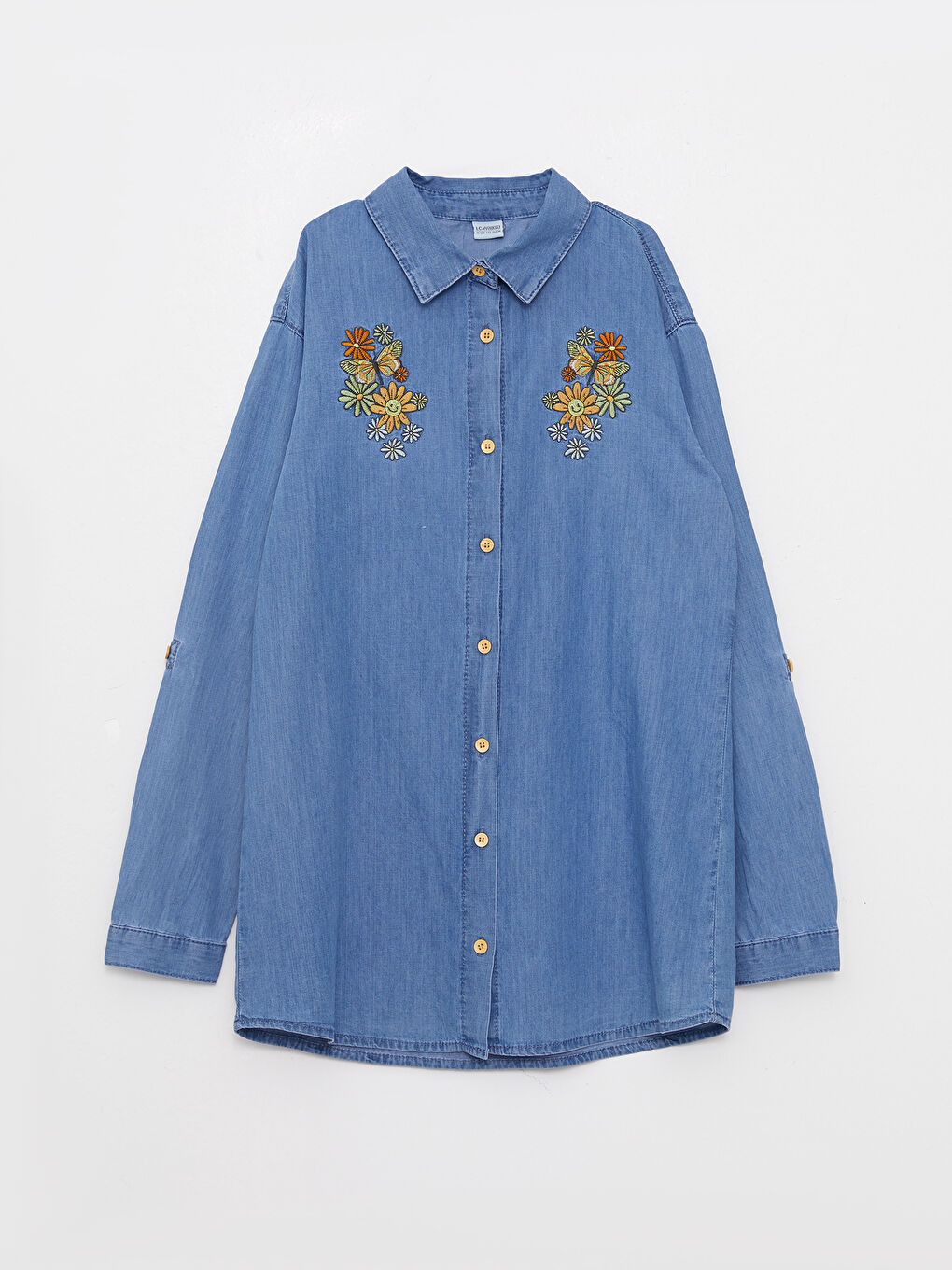 İndigo Nakışlı Uzun Kollu Kız Çocuk Jean Tunik