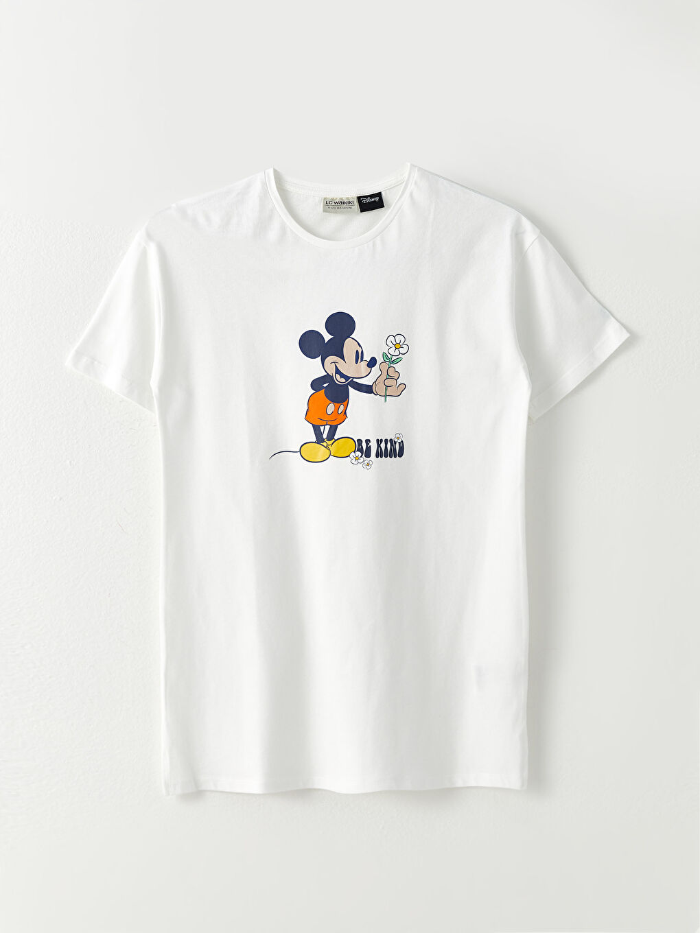 Ekru Bisiklet Yaka Mickey Mouse Baskılı Kısa Kollu Pamuklu Kız Çocuk Tunik