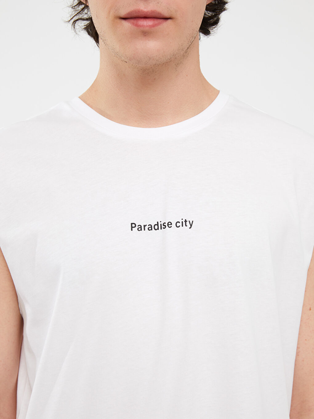 Beyaz Bisiklet Yaka Baskılı Penye Erkek Kolsuz Tişört-3