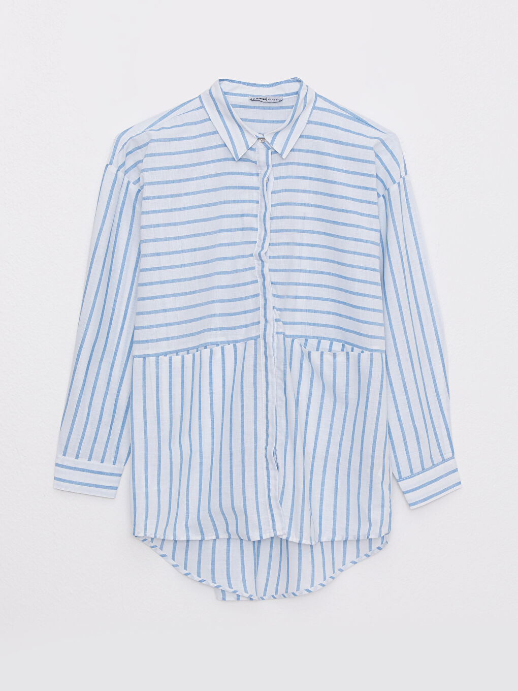 Mavi Önden Düğme Kapamalı Çizgili Uzun Kollu Pamuklu Kadın Gömlek-6