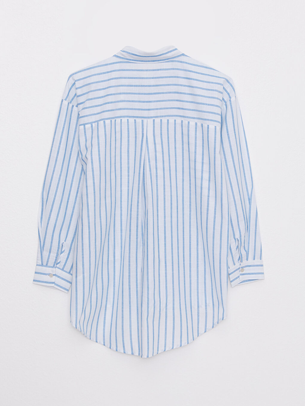 Mavi Önden Düğme Kapamalı Çizgili Uzun Kollu Pamuklu Kadın Gömlek-7