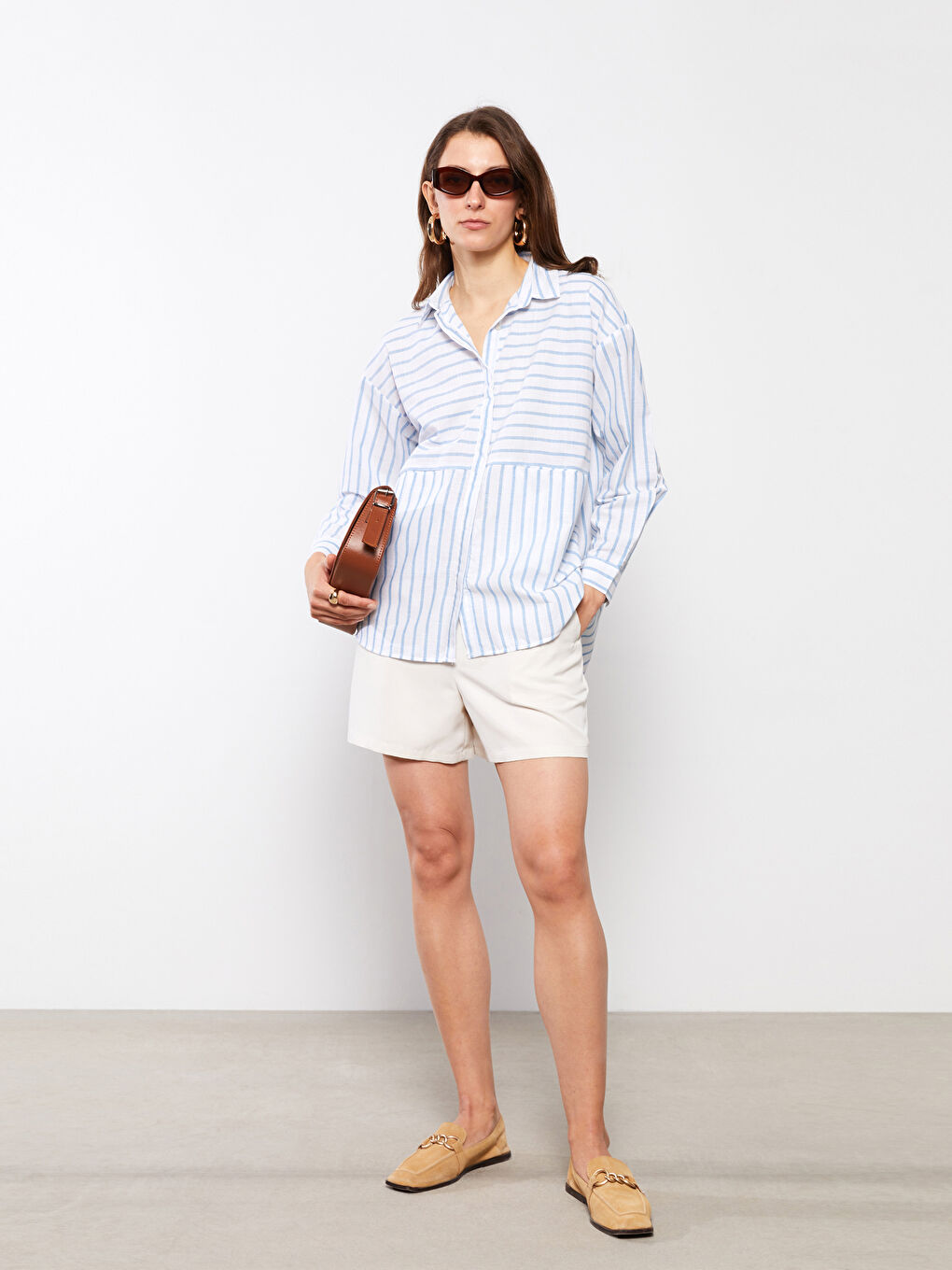 Mavi Önden Düğme Kapamalı Çizgili Uzun Kollu Pamuklu Kadın Gömlek-1