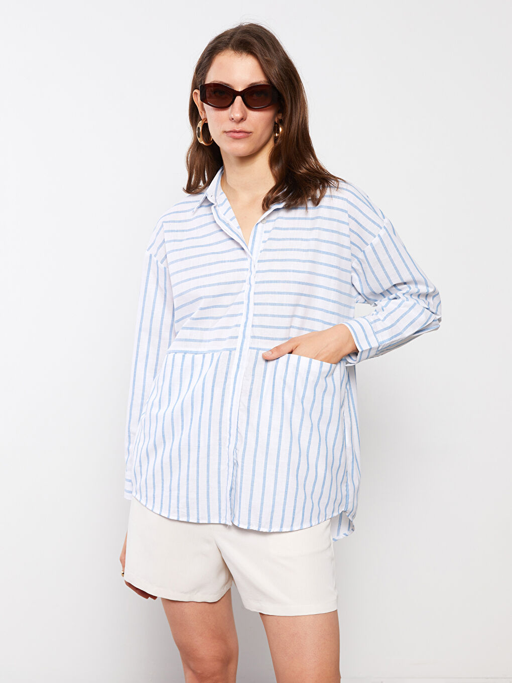 Mavi Önden Düğme Kapamalı Çizgili Uzun Kollu Pamuklu Kadın Gömlek-2