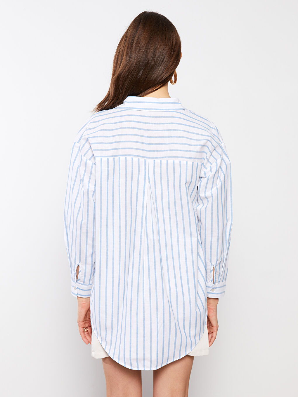 Mavi Önden Düğme Kapamalı Çizgili Uzun Kollu Pamuklu Kadın Gömlek-5