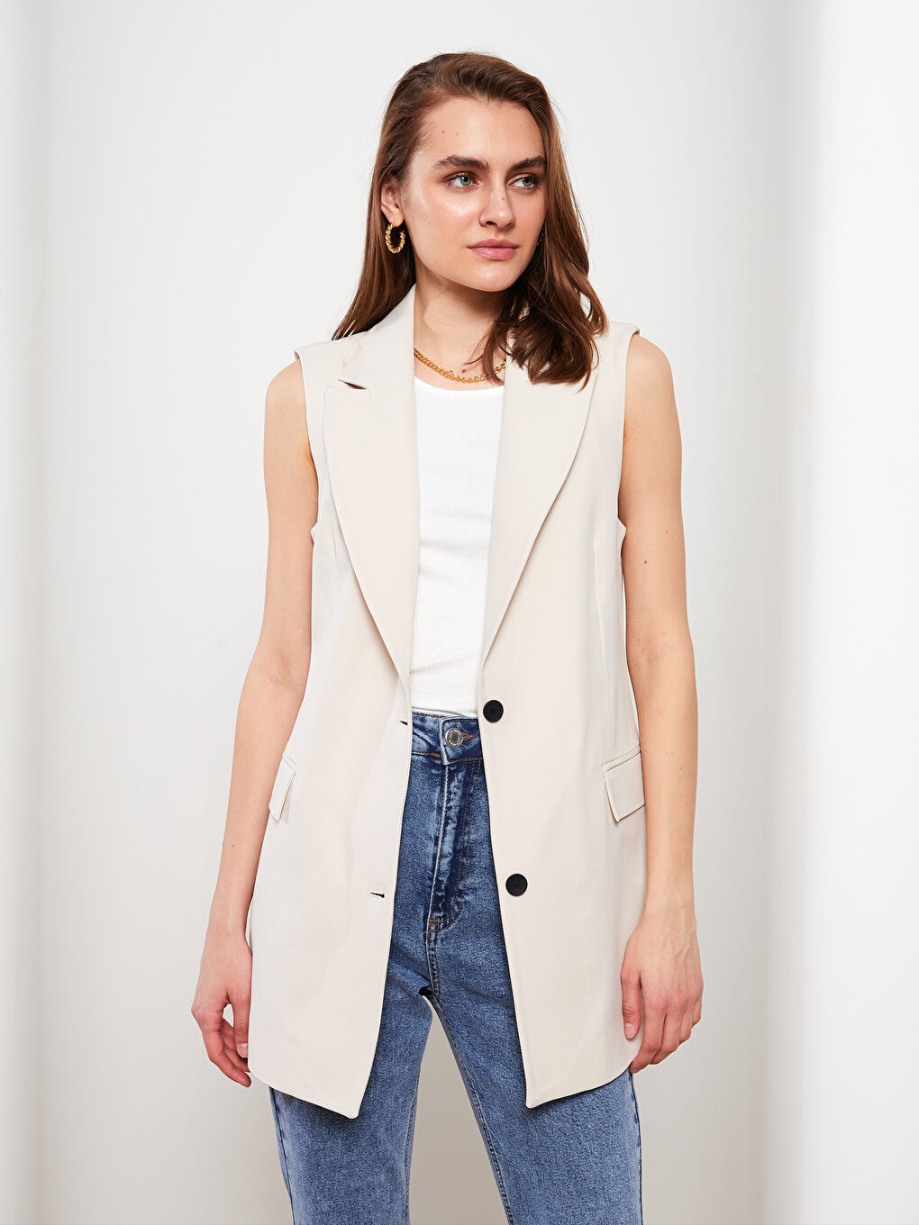 LC Waikiki Front Button Closure Straight Sleeveless Crepe Women's Blazer Jacket -S2K144Z8-S3R