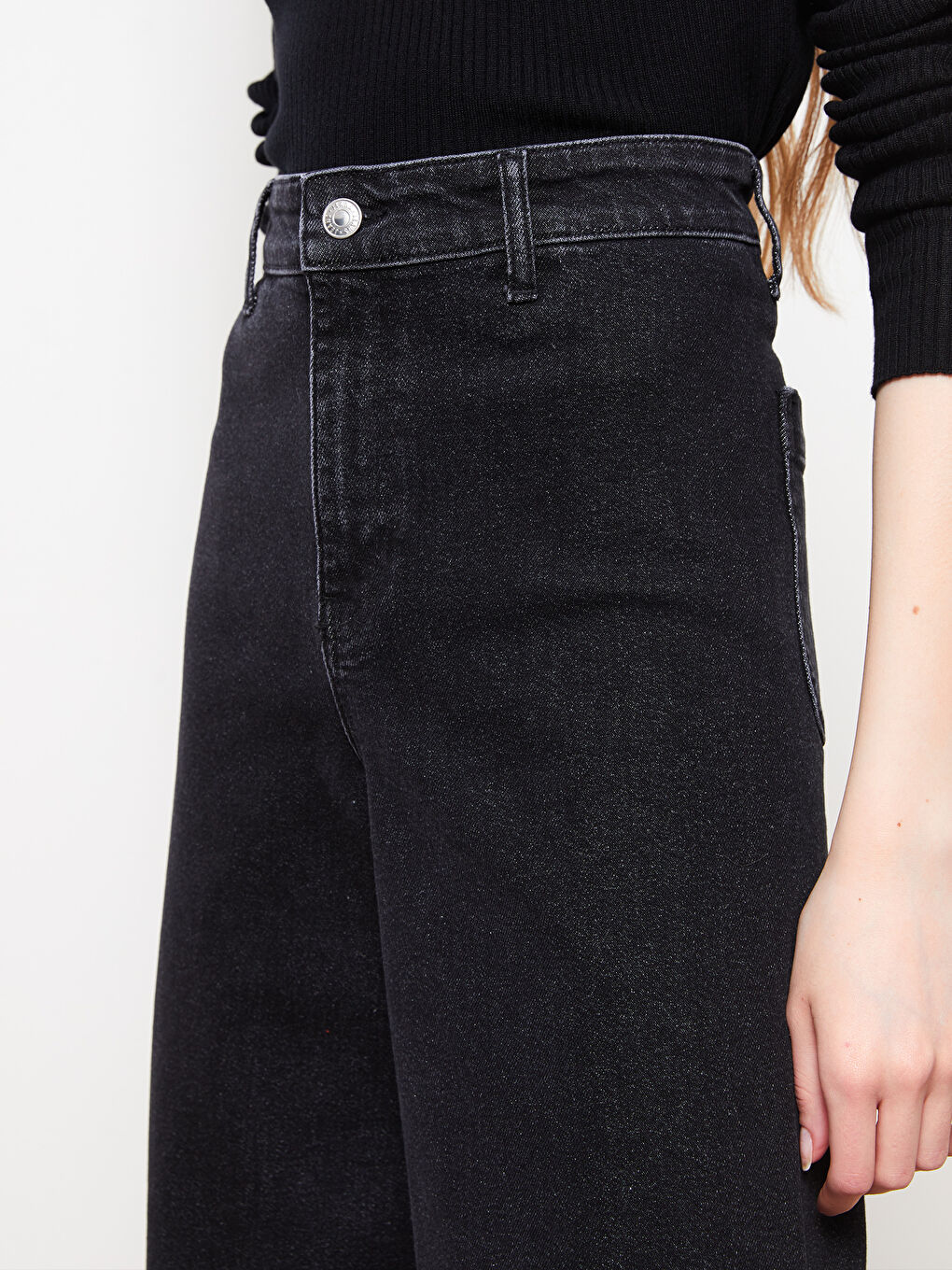 Siyah Yüksek Bel Wideleg Kadın Rodeo Jean Pantolon-2