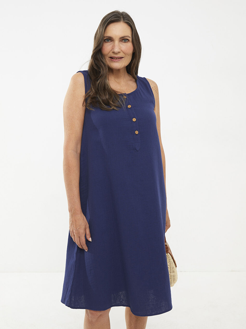 LCW Grace Crew Neck Straight Sleeveless A-Line Cotton Women's Dress -S2K197Z8-E1J