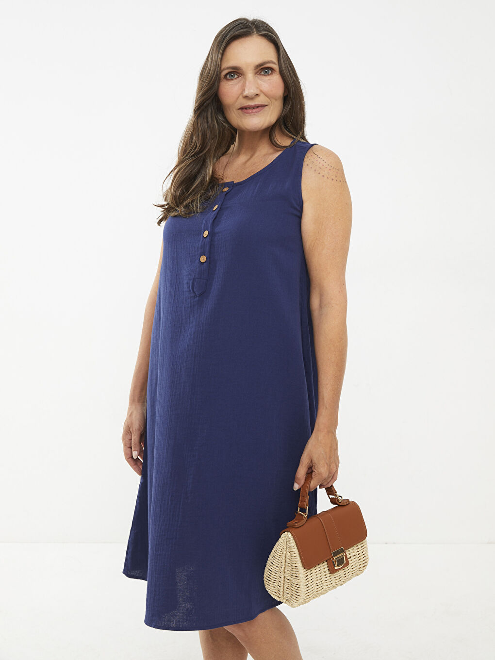 LCW Grace Crew Neck Straight Sleeveless A-Line Cotton Women's Dress -S2K197Z8-E1J
