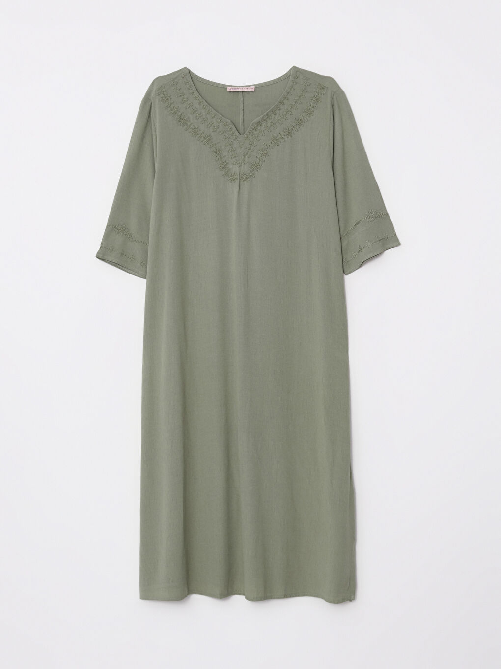 Haki Kaçık Yaka Nakışlı Kısa Kollu Krinkle Kadın Elbise-5