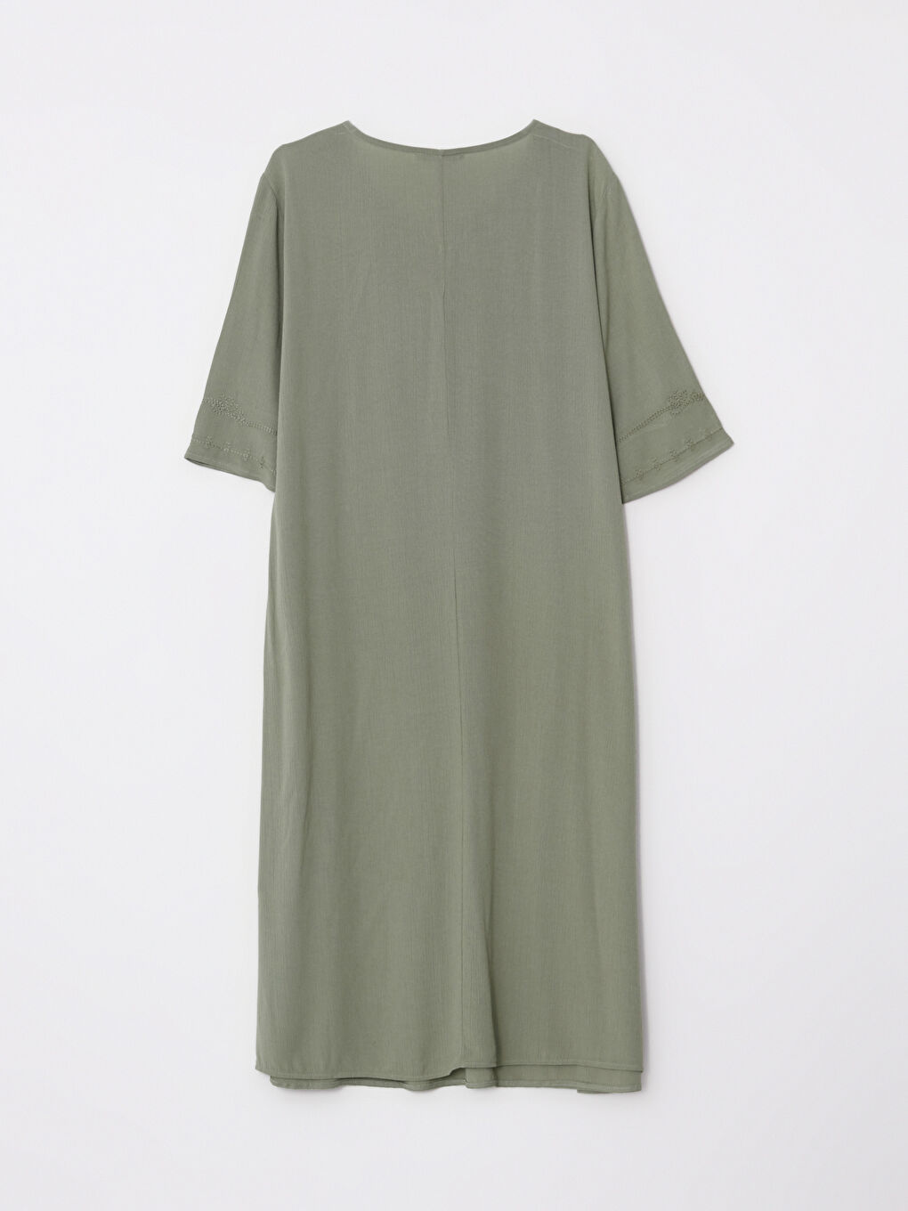 Haki Kaçık Yaka Nakışlı Kısa Kollu Krinkle Kadın Elbise-6