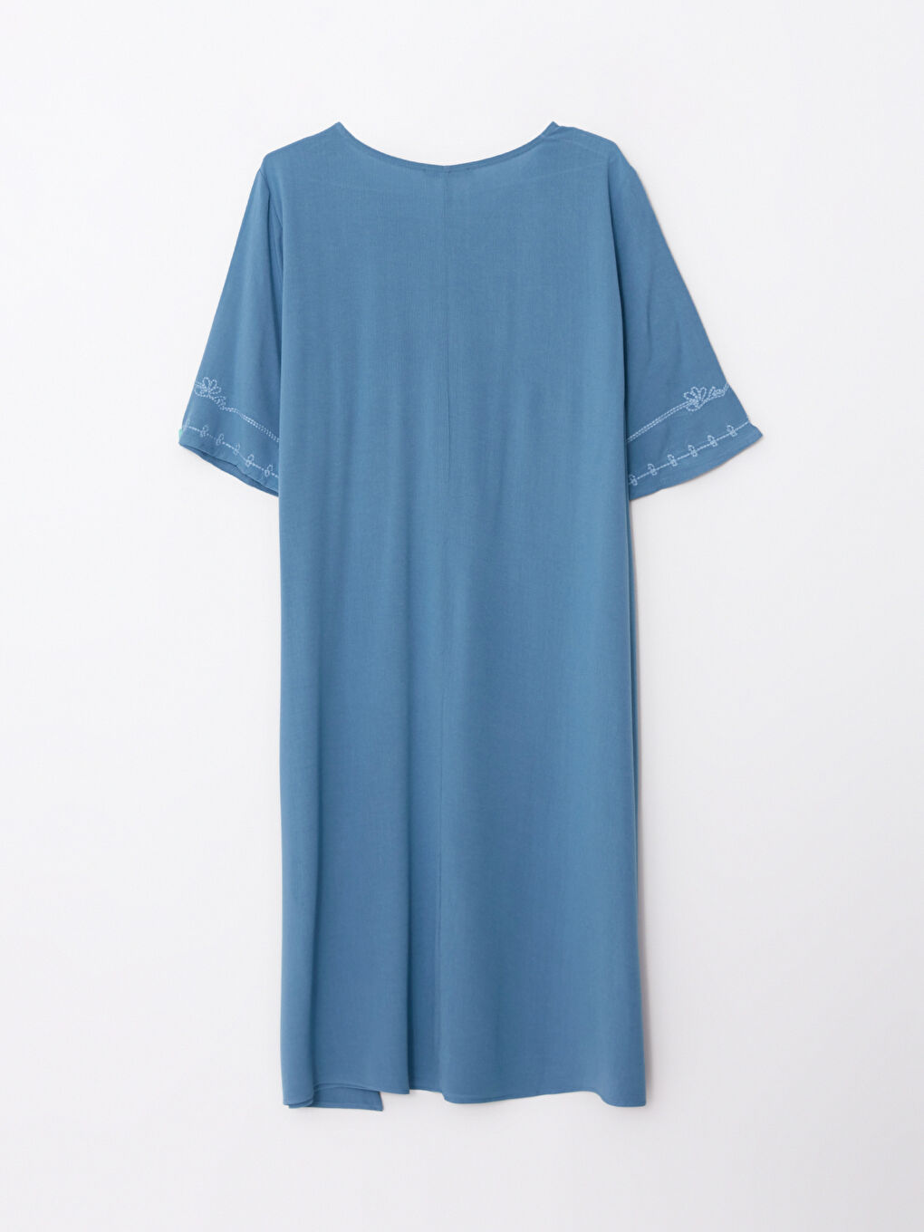 Mavi Kaçık Yaka Nakışlı Kısa Kollu Krinkle Kadın Elbise-6