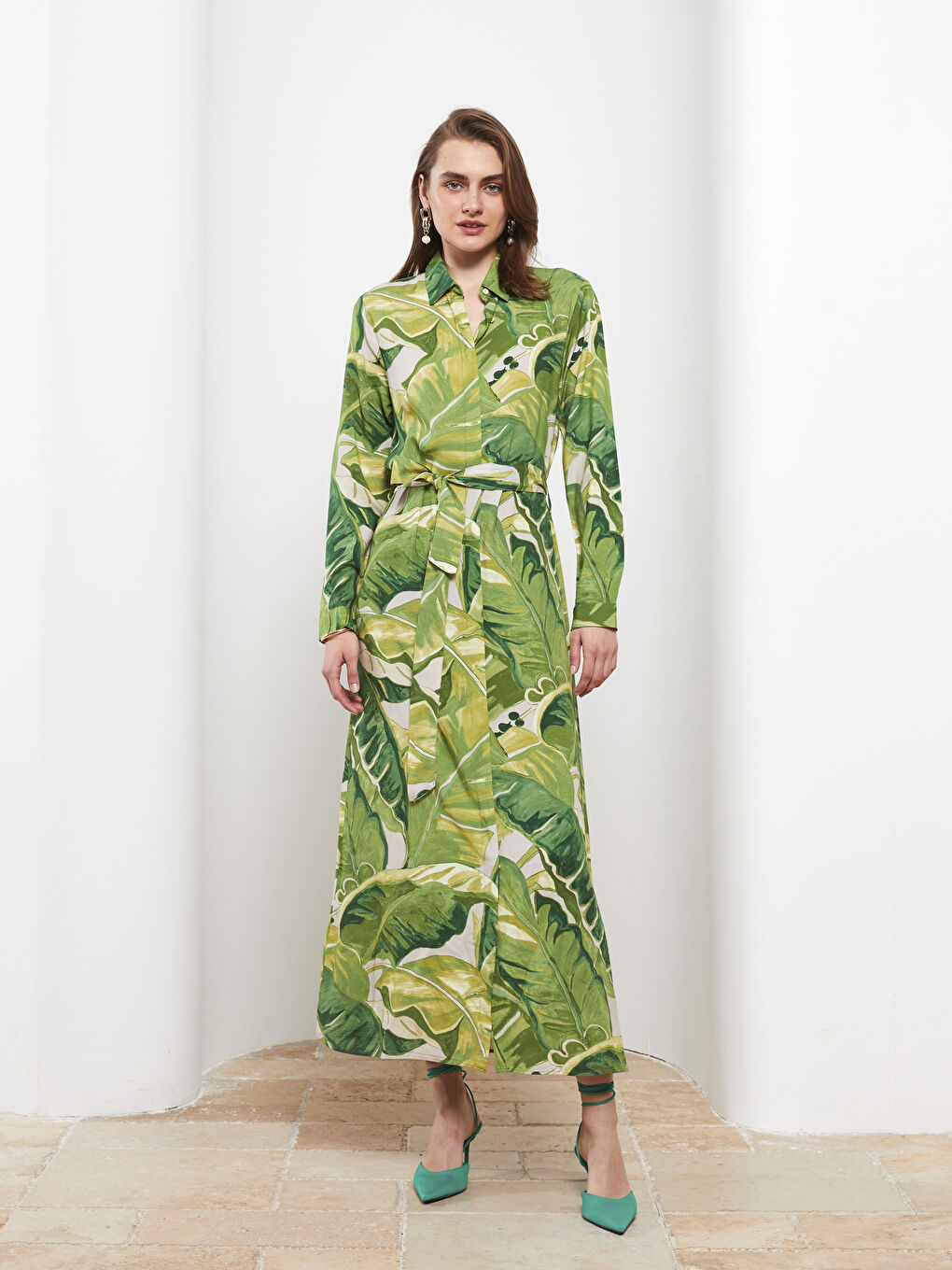 Patterned Long Sleeve Viscose Women Shirt Dress -S2K220Z8-F9C
