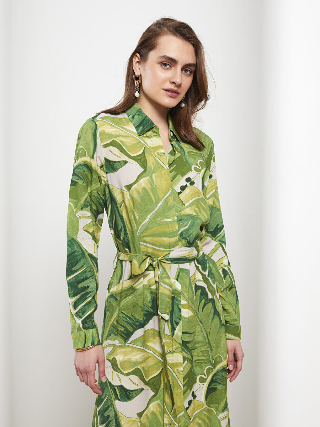 Patterned Long Sleeve Viscose Women Shirt Dress -S2K220Z8-F9C