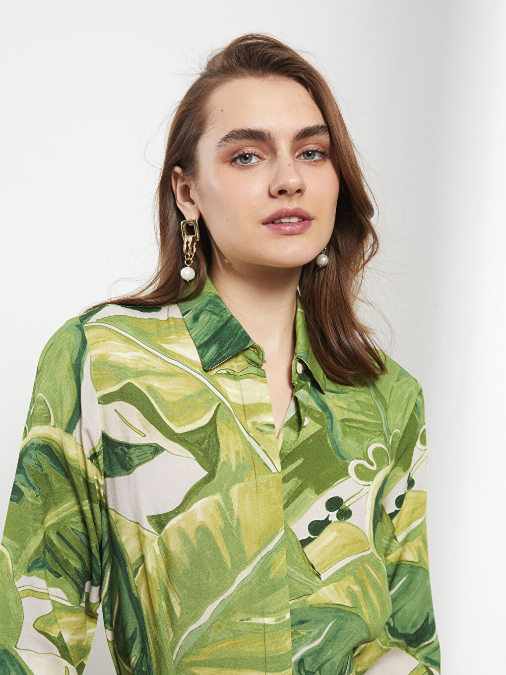 Patterned Long Sleeve Viscose Women Shirt Dress -S2K220Z8-F9C