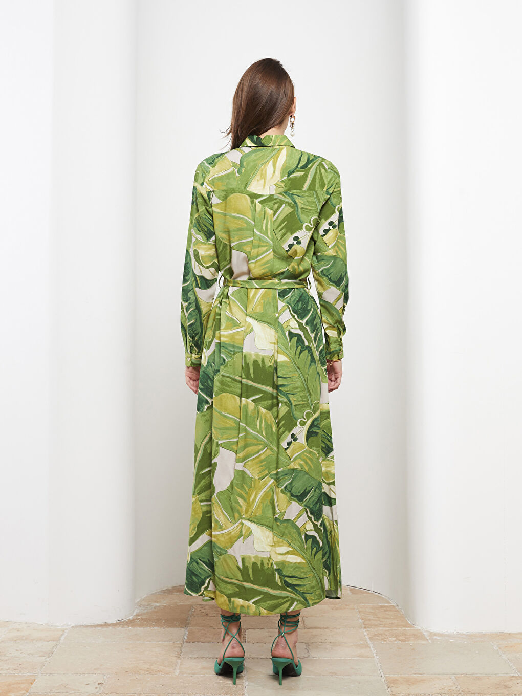 Patterned Long Sleeve Viscose Women Shirt Dress -S2K220Z8-F9C