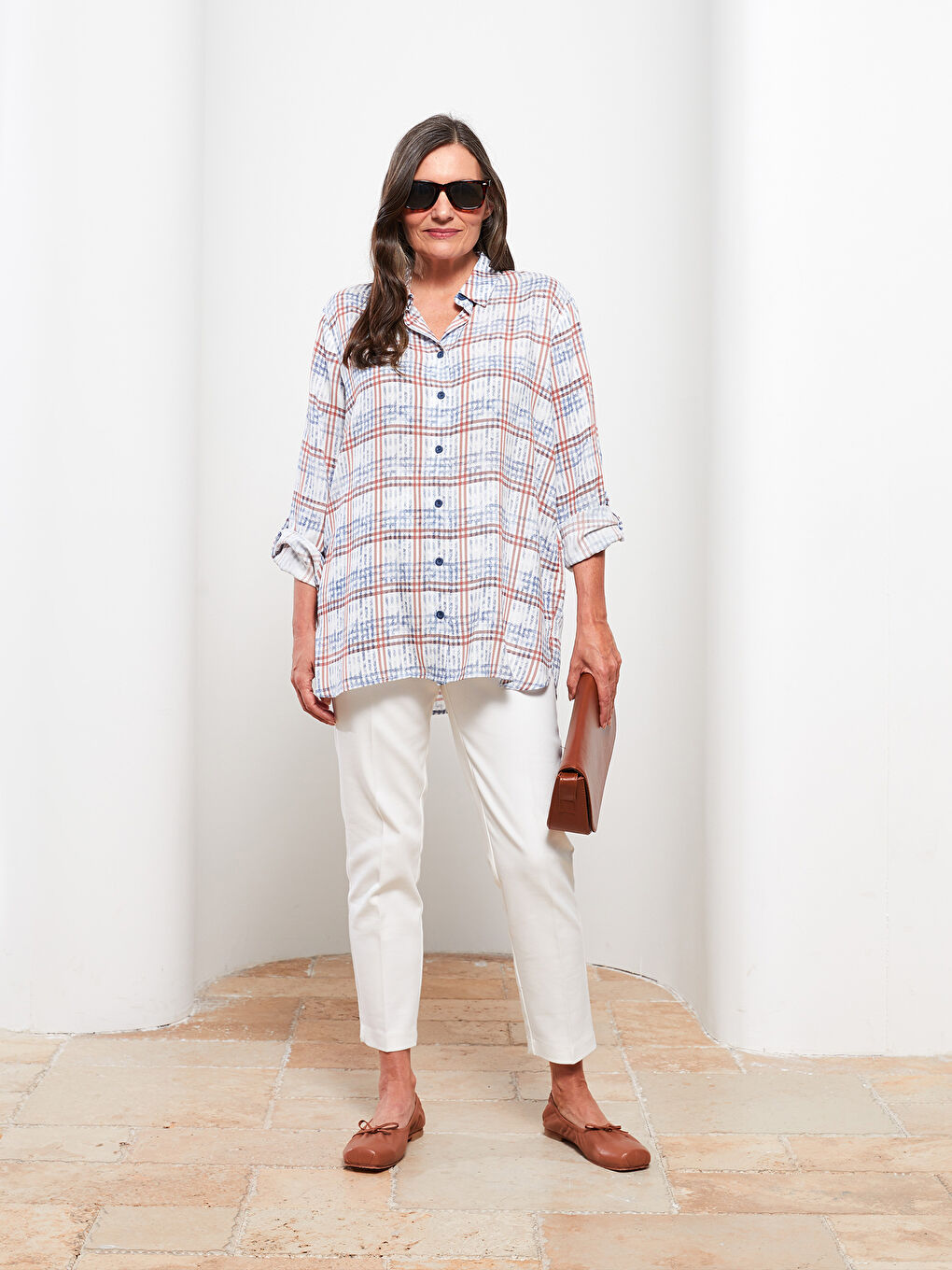 Клетчатая рубашка-туника из поплина с длинным рукавом для женщин