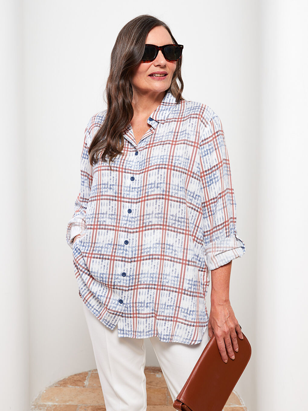 Клетчатая рубашка-туника из поплина с длинным рукавом для женщин-1