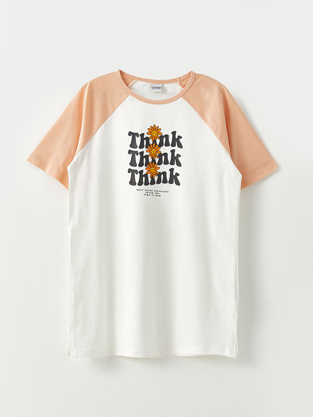 Ekru Bisiklet Yaka Baskılı Kısa Kollu Pamuklu Kız Çocuk Tunik