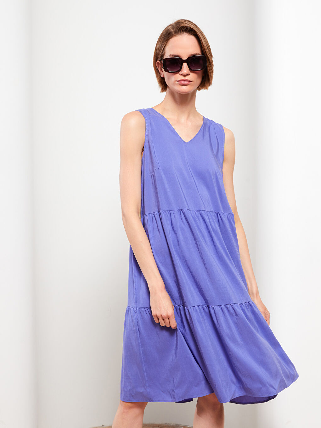 V Neck Straight Sleeveless Poplin Women Dress -S2K261Z8-SGF