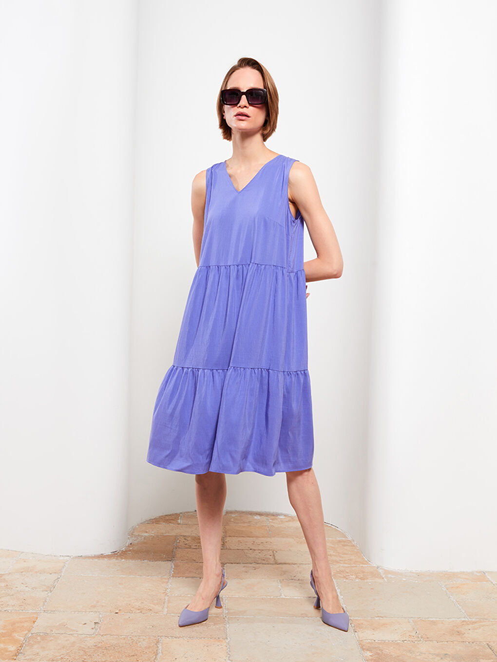 V Neck Straight Sleeveless Poplin Women Dress -S2K261Z8-SGF