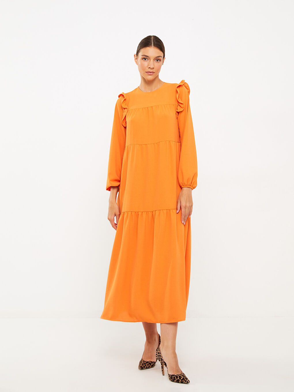 Turuncu Bisiklet Yaka Düz Uzun Kollu Kadın Elbise