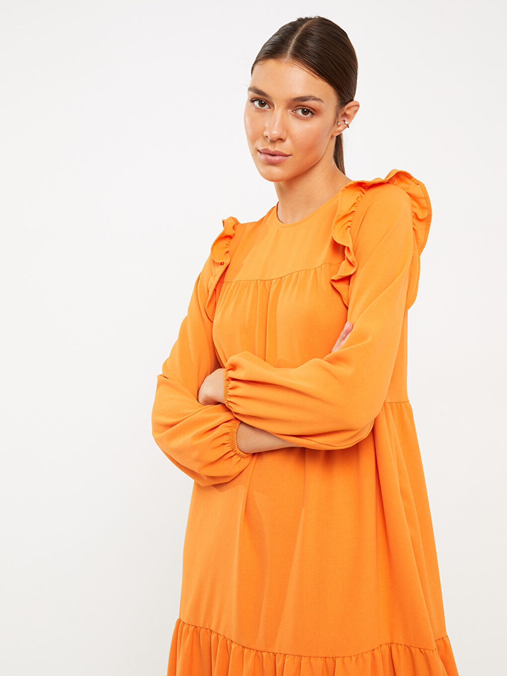 Turuncu Bisiklet Yaka Düz Uzun Kollu Kadın Elbise-1