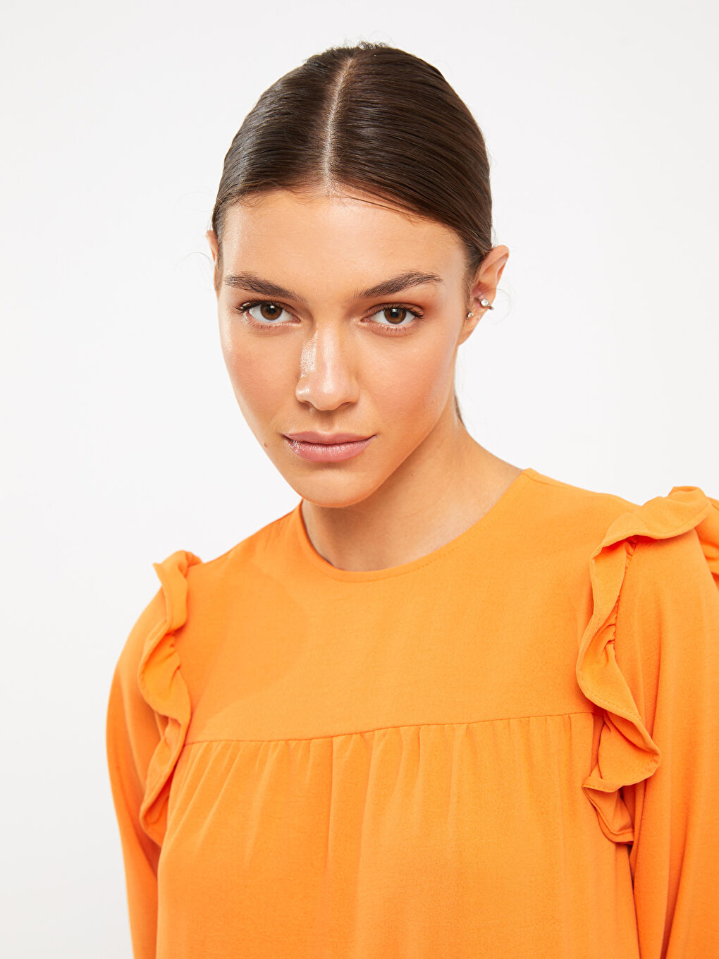 Turuncu Bisiklet Yaka Düz Uzun Kollu Kadın Elbise-2