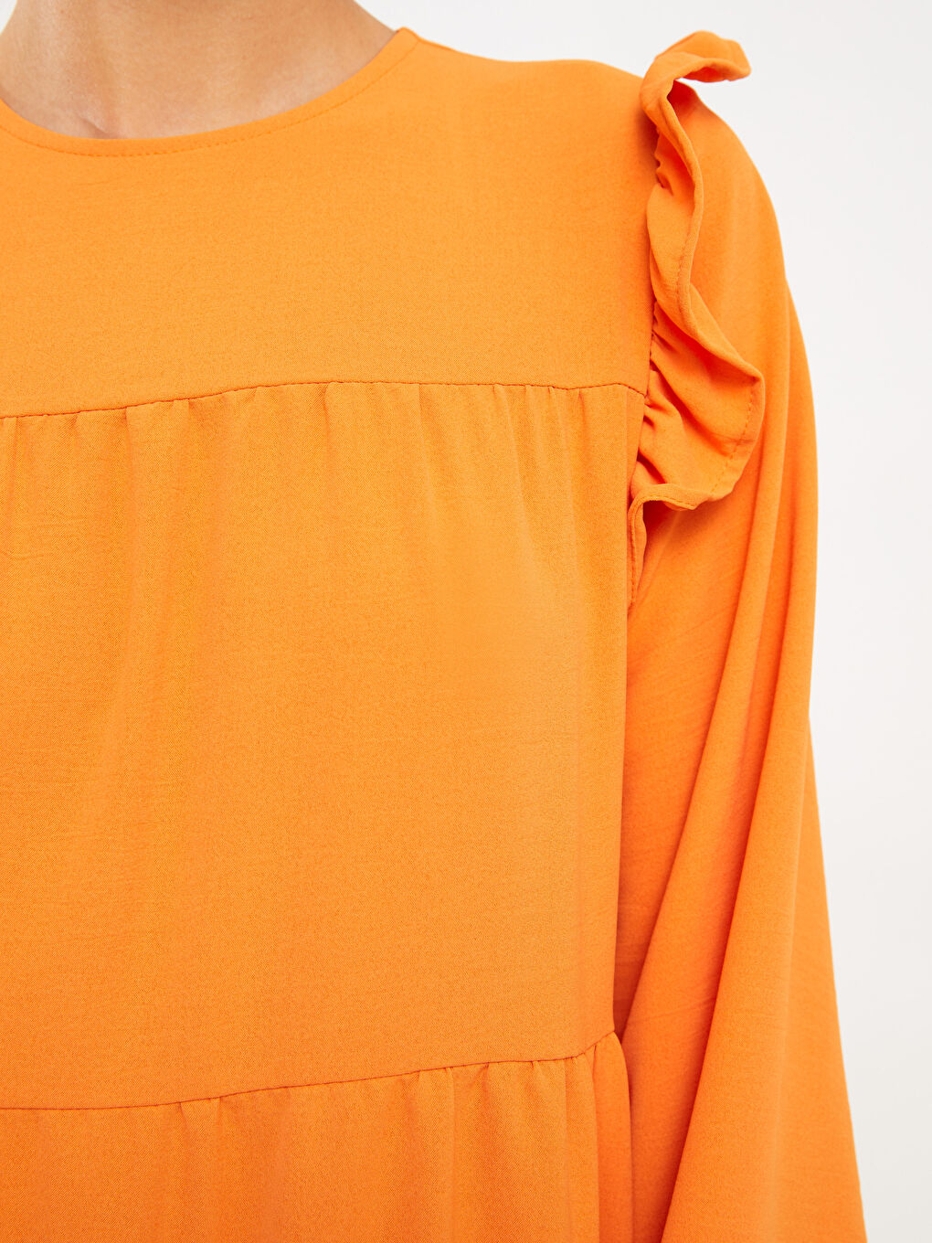 Turuncu Bisiklet Yaka Düz Uzun Kollu Kadın Elbise-3