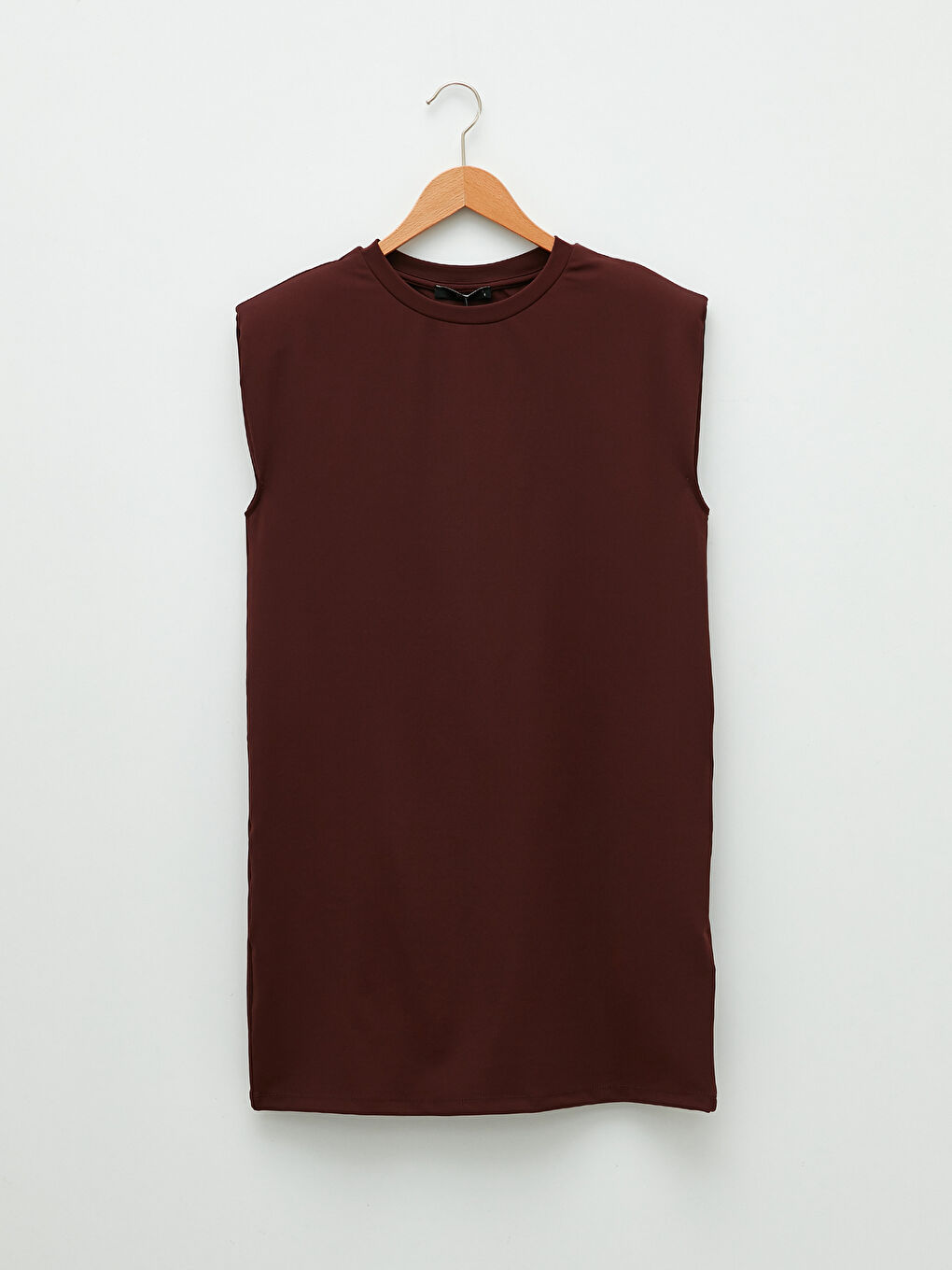 Kahverengi Bisiklet Yaka Düz Kolsuz Viskon Kadın Elbise-5